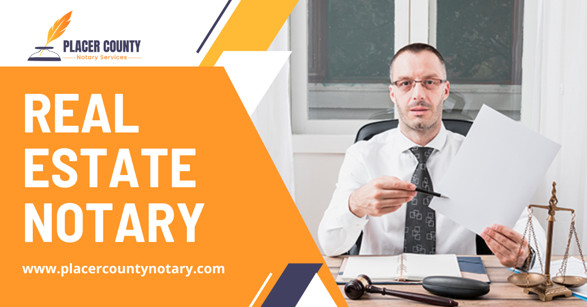 Banner for Placer County Notary Services promoting real estate notary; man in a shirt reviews documents at a desk with scales nearby.