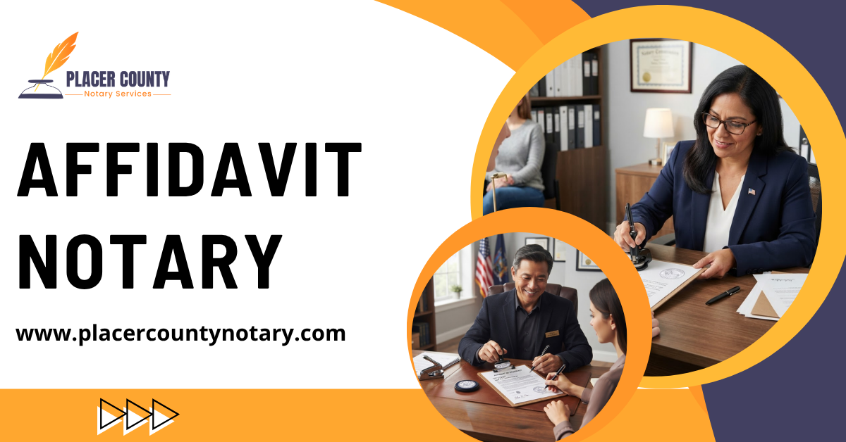 Placer County Notary Services banner promoting affidavits; two people sign documents with a notary present; www.placercountynotary.com