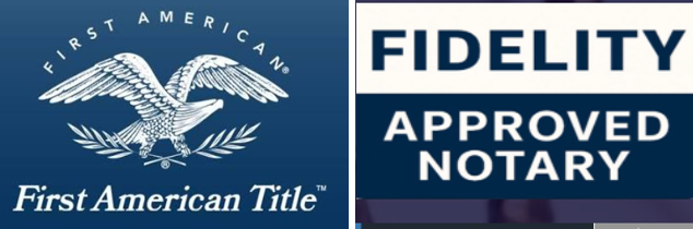 Two certification logos: First American Title eagle emblem on blue, and Fidelity Approved Notary badge on dark blue.