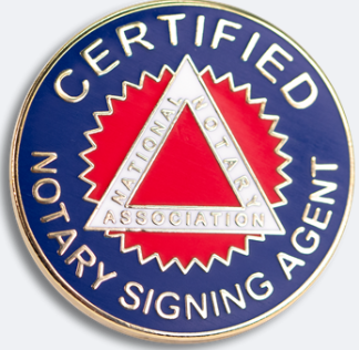 Circular badge reading CERTIFIED NOTARY SIGNING AGENT with a red starburst and white triangle logo in the center on a blue background.